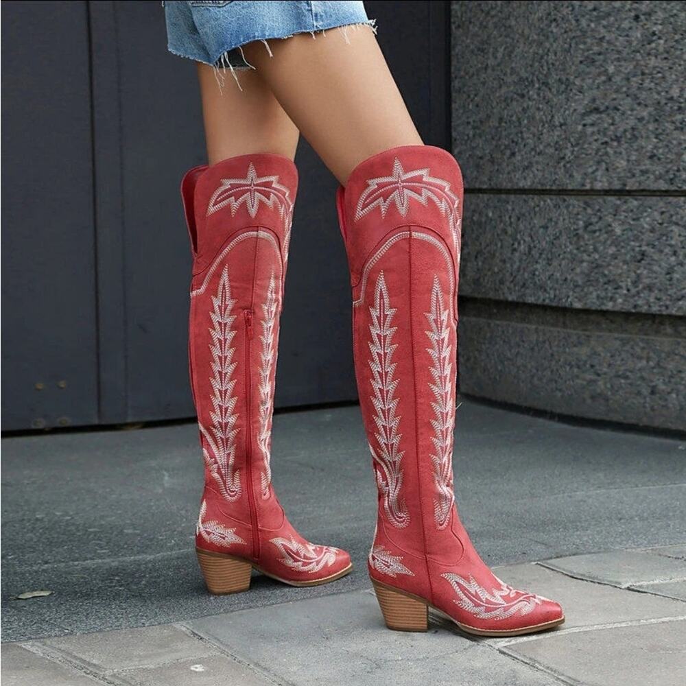 Western Cowboy Pointed Toe Block Heel Embroidery Over Knee Boots Womens Size 7.5 - Picture 2 of 9
